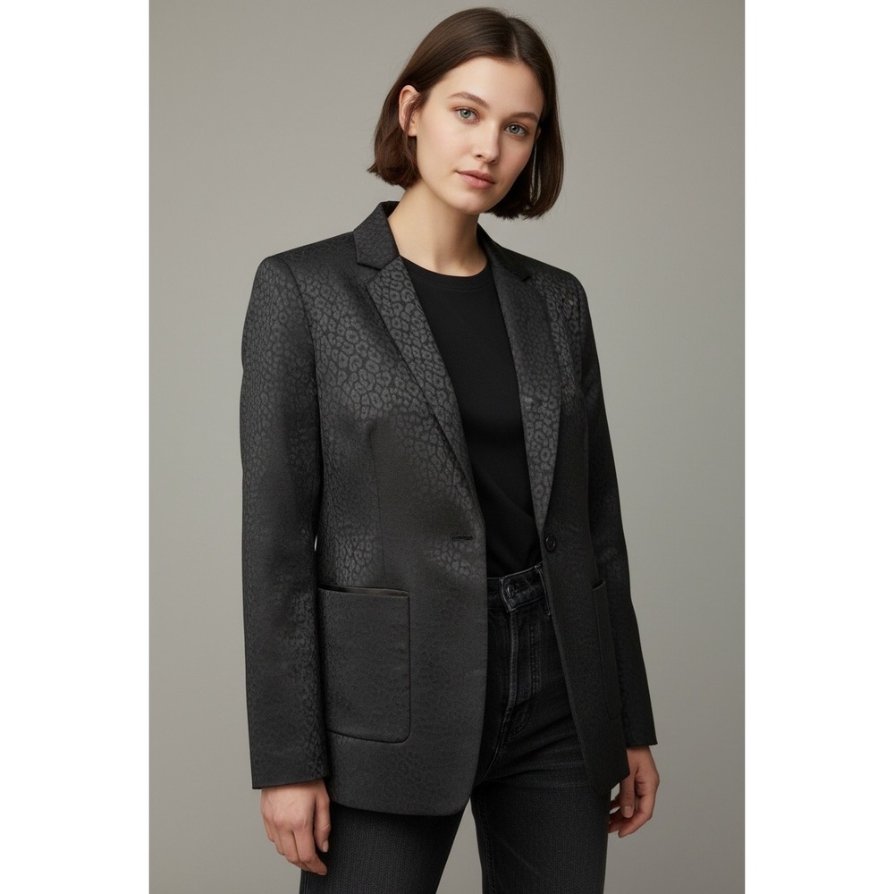 Elizabeth and James Black Leopard Print Dark Romantic Silk Wool Blend Blazer- 10